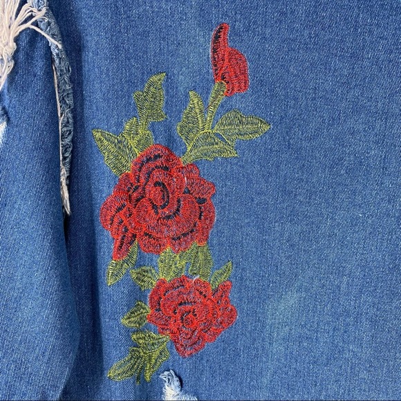 THRILL Denim Embroidered Distressed Mini Dress - L - Picture 4 of 7